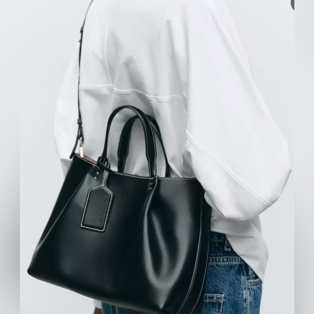 ZARA Medium Black Tote Bag – Faux Leather – Minimalist